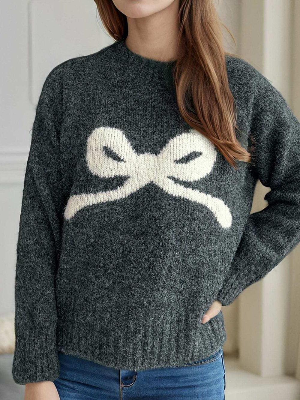 Bow Round Neck Long Sleeve Sweater - Trendsi - Flyclothing LLC