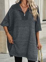 Slit Quarter Zip Half Sleeve Sweater - Trendsi - Flyclothing LLC