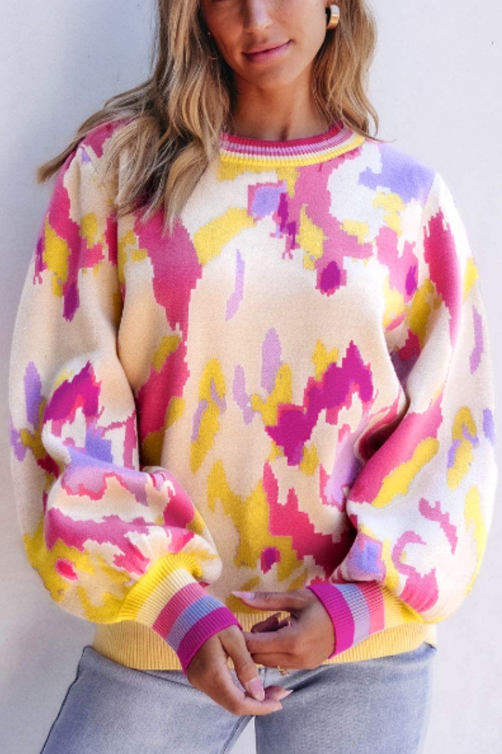 Contrast Round Neck Long Sleeve Sweater - Trendsi - Flyclothing LLC