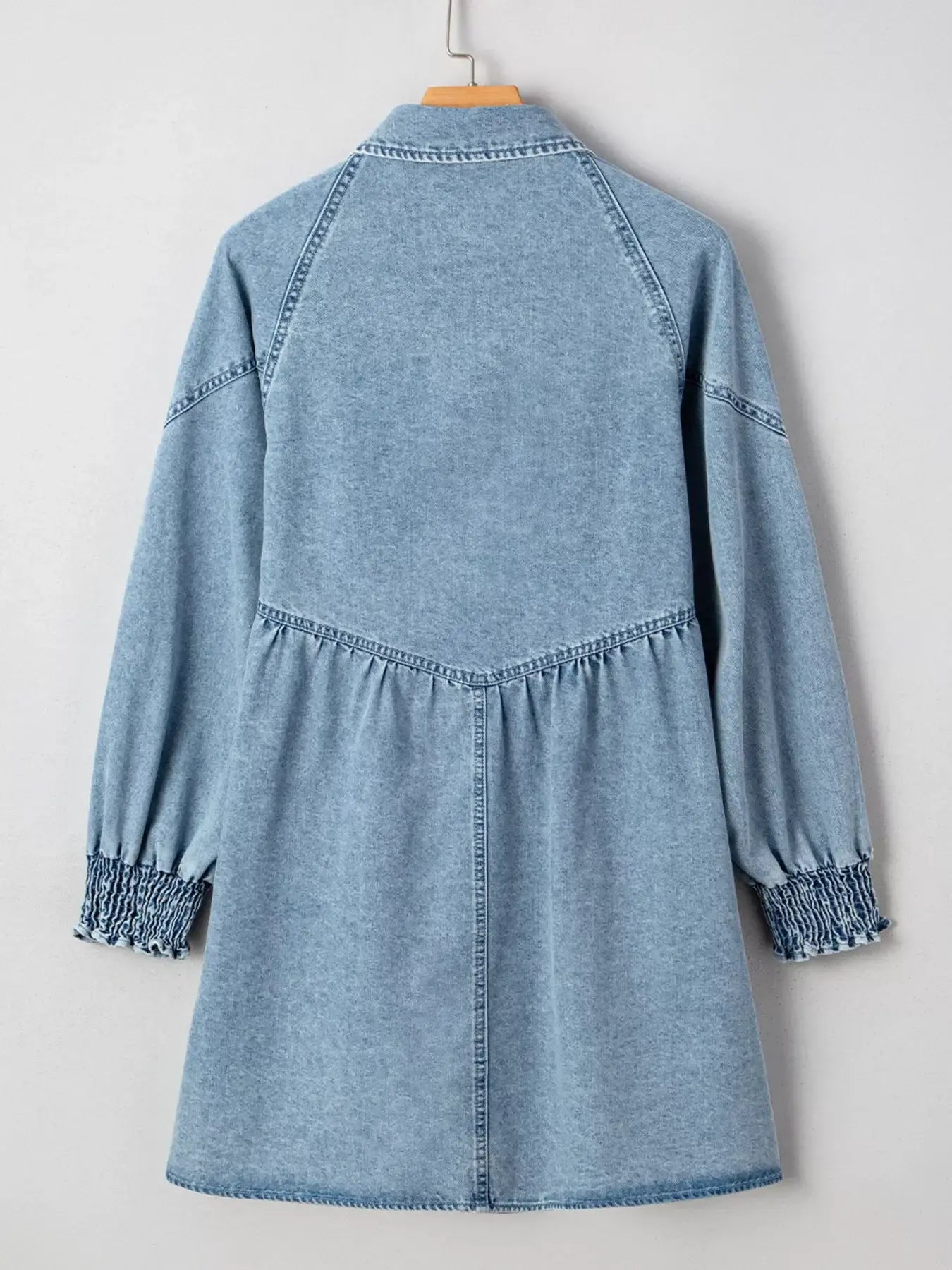 Smocked Cuffs Flared Denim Shirt Mini Dress - Trendsi - Flyclothing LLC
