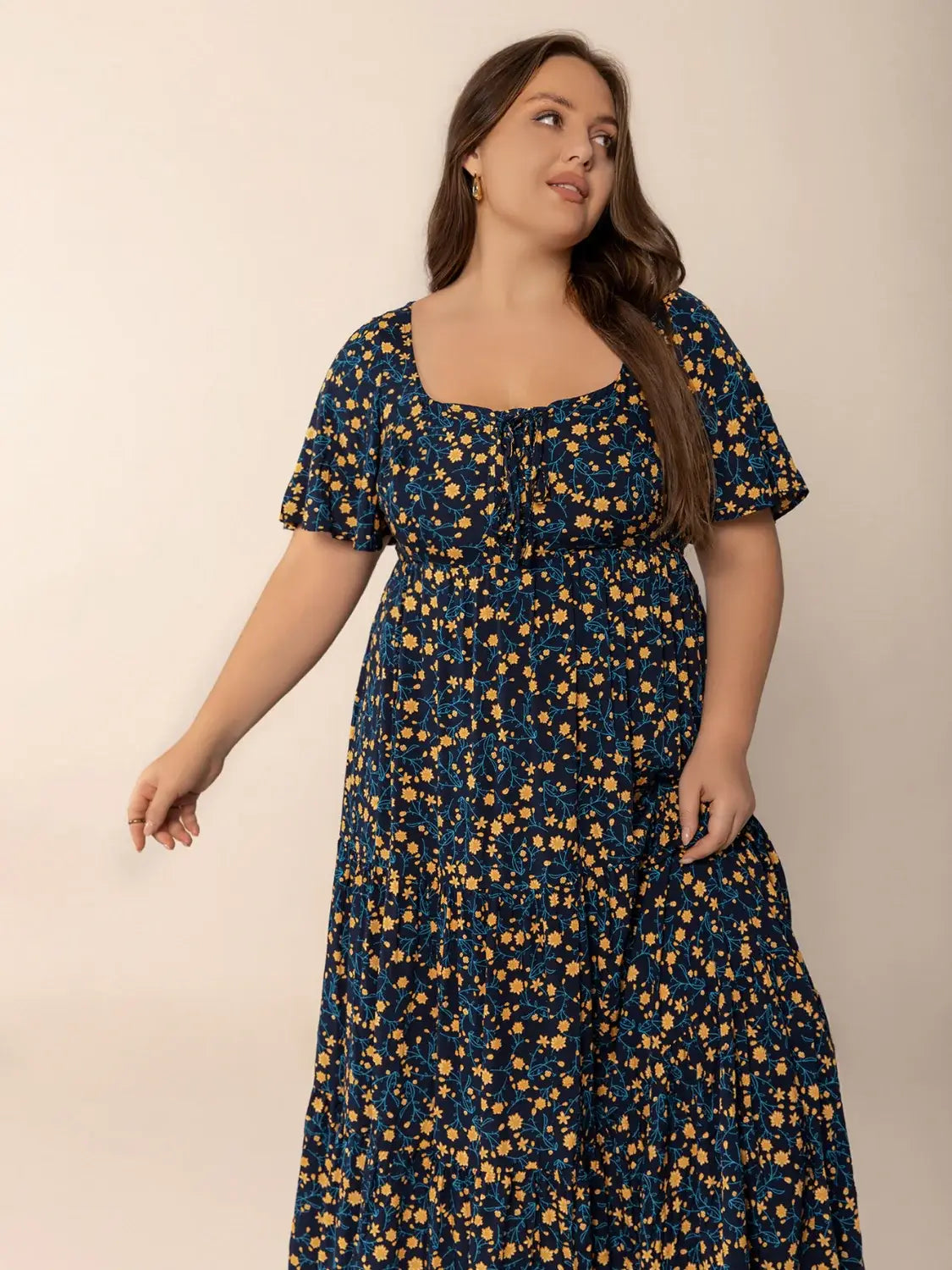 Plus Size Printed Short Sleeve Slit Tiered Maxi Dress - Trendsi - Flyclothing LLC