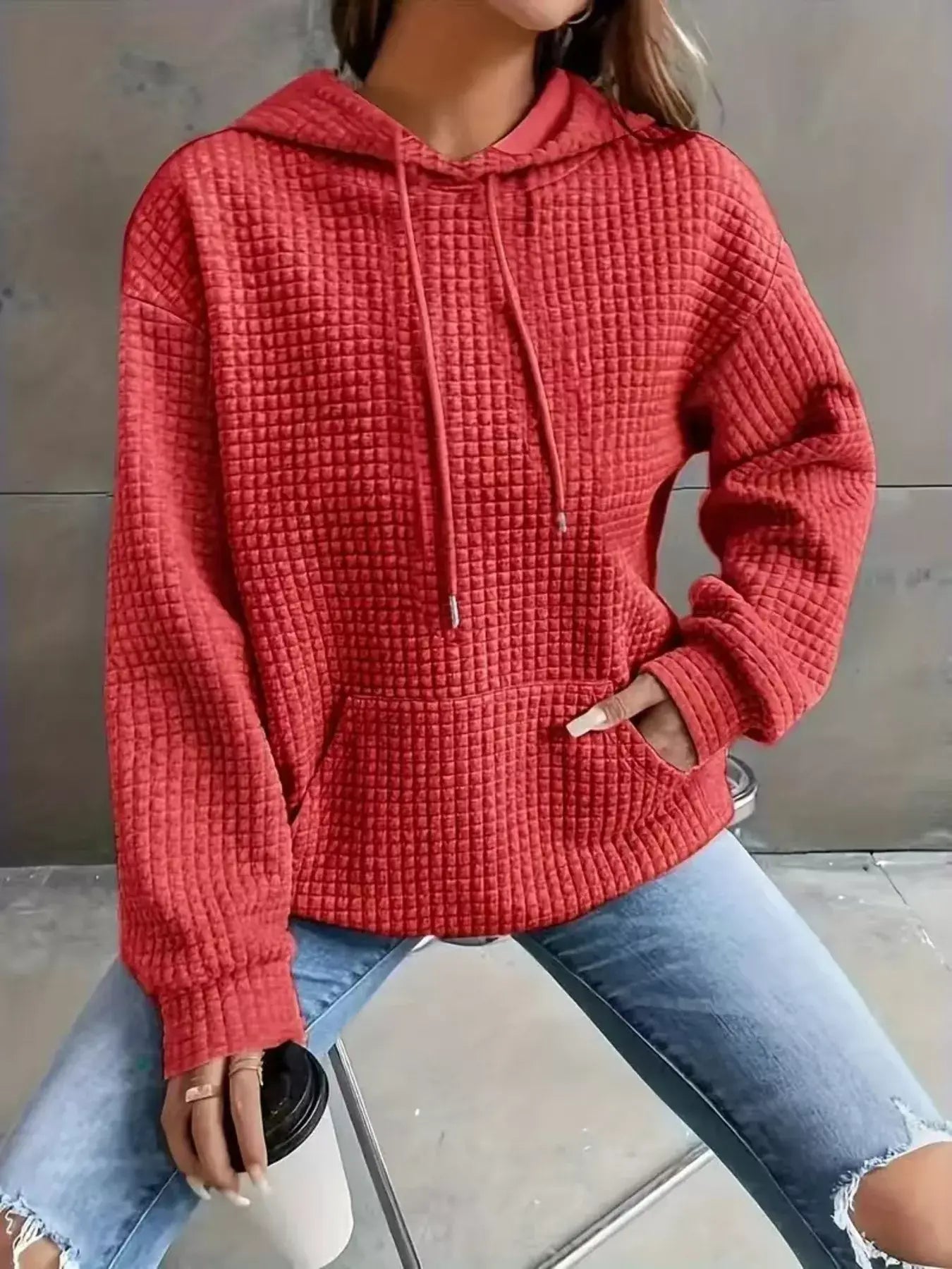 Textured Knit Drawstring Hoodie - Trendsi - Flyclothing LLC