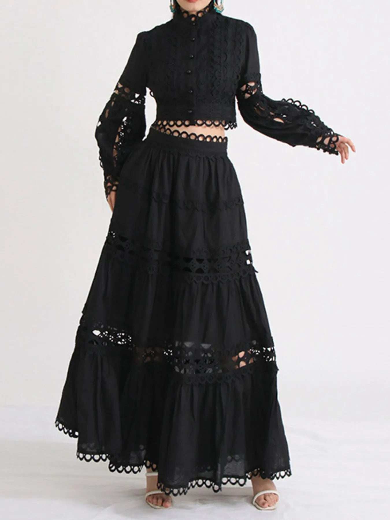 Lace Button Up Long Sleeve Top and Skirt Set - Trendsi - Flyclothing LLC