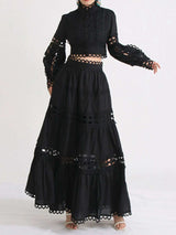 Lace Button Up Long Sleeve Top and Skirt Set - Trendsi - Flyclothing LLC