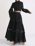 Lace Button Up Long Sleeve Top and Skirt Set - Trendsi - Flyclothing LLC