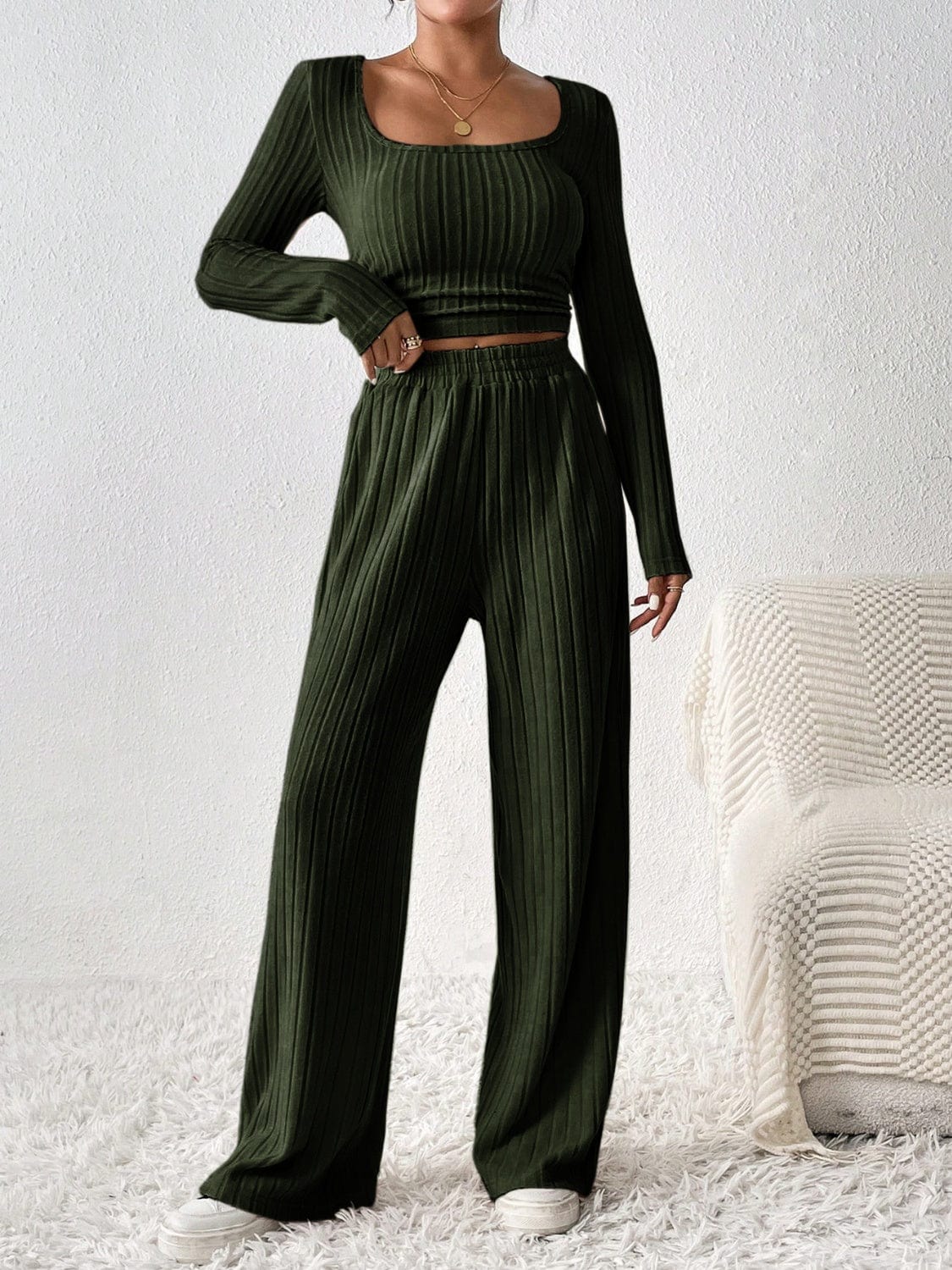 Scoop Neck Long Sleeve Top and Pants Set - Trendsi
