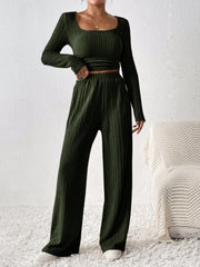 Scoop Neck Long Sleeve Top and Pants Set - Trendsi