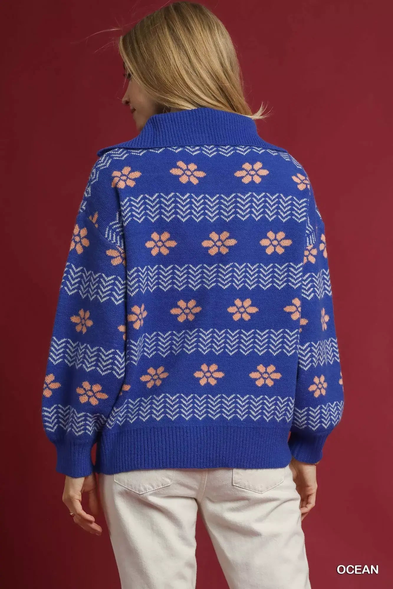 Umgee Floral Patterned Jacquard Quarter-Zip Pullover Sweater - Trendsi - Flyclothing LLC