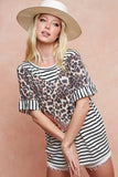 BiBi Stripe Rayon Span Knit Color Block Top With Leopard - Trendsi - Flyclothing LLC