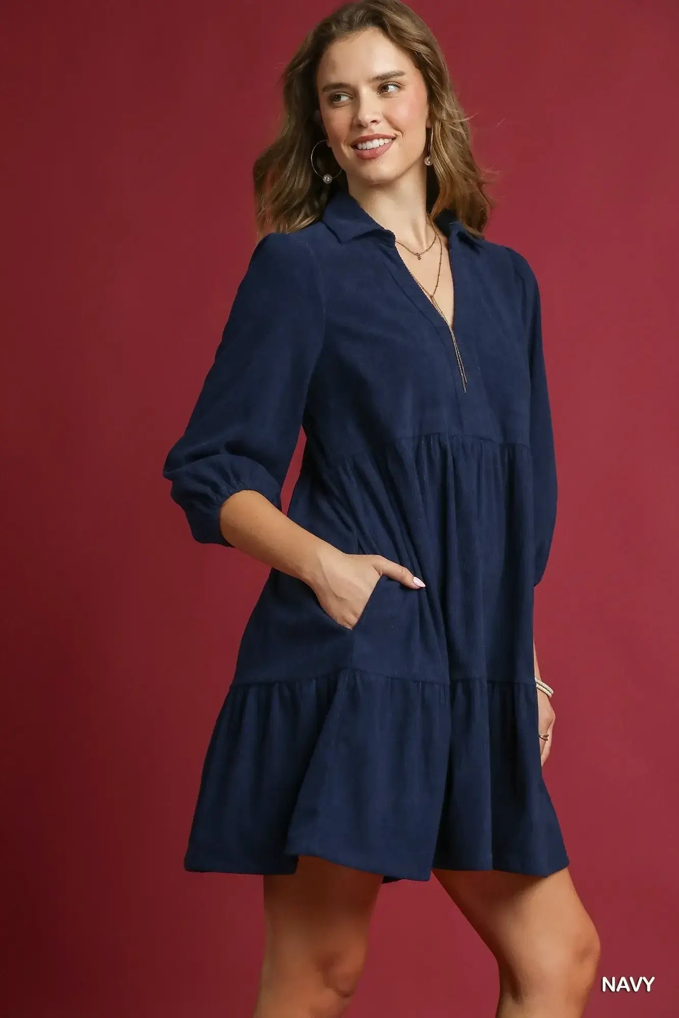 Umgee Tiered Corduroy Mini Dress with Balloon Sleeves - Trendsi - Flyclothing LLC