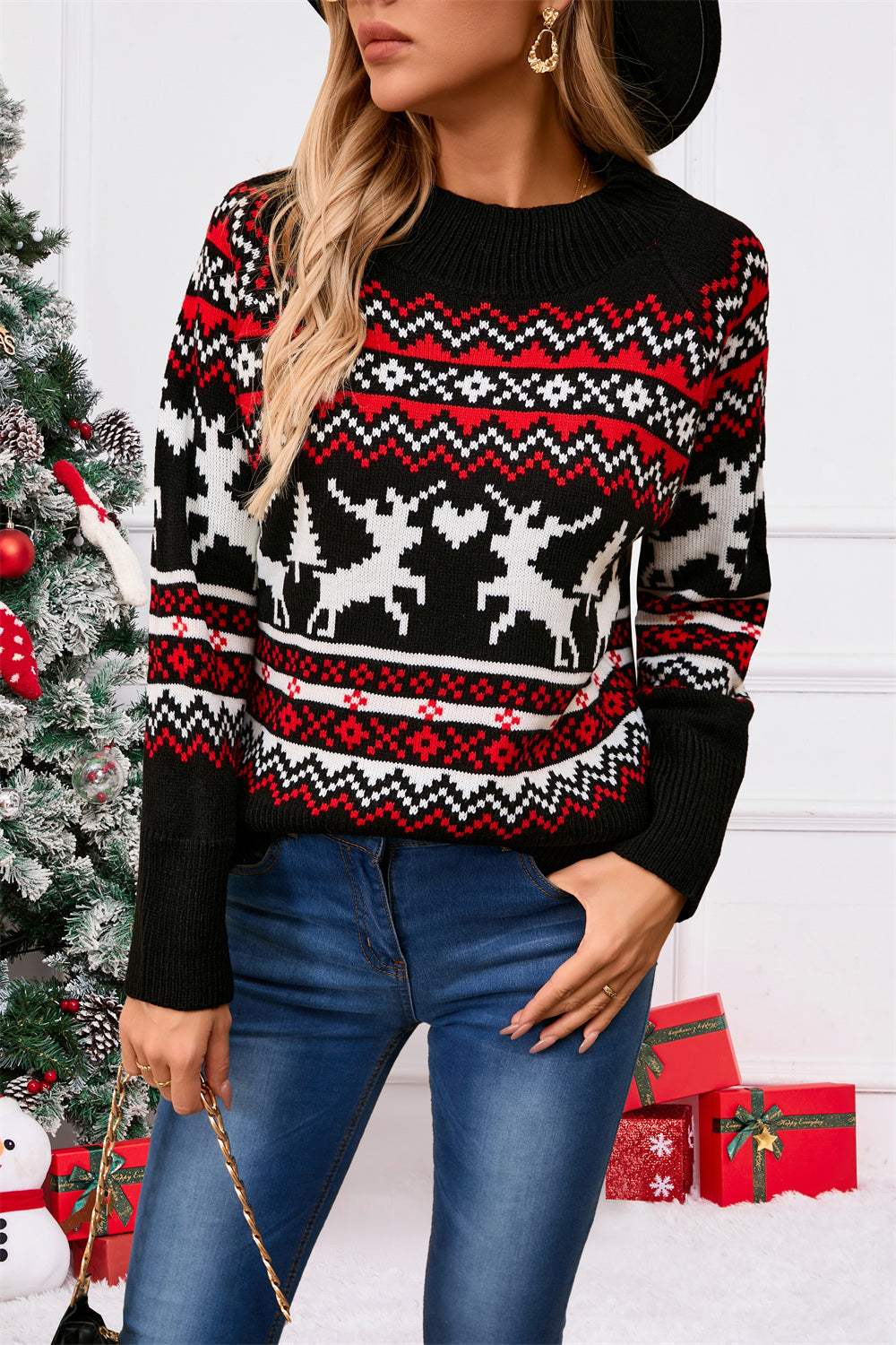 Angel Wings Reindeer Round Neck Long Sleeve Sweater - Trendsi - Flyclothing LLC