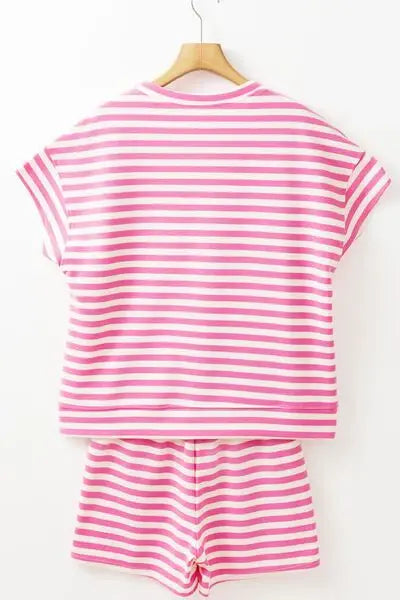 Striped Round Neck T-Shirt and Drawstring Shorts Set - Trendsi - Flyclothing LLC