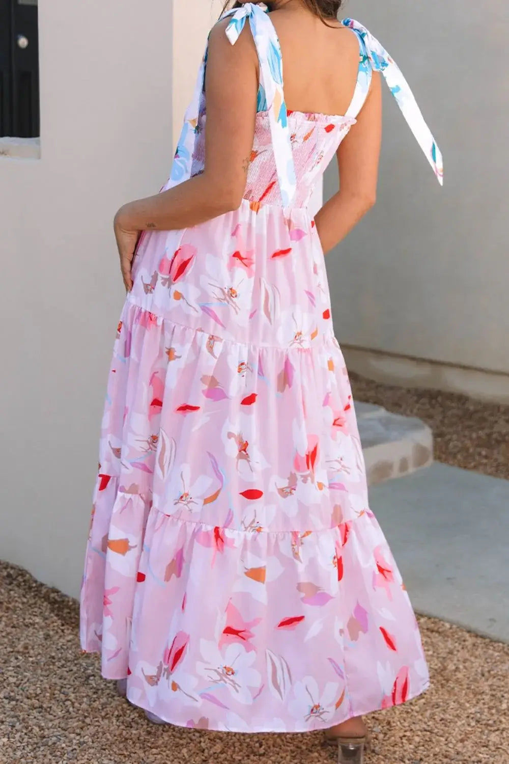 Floral Print Knotted Shoulder Smocked Maxi Dress - Trendsi - Flyclothing LLC