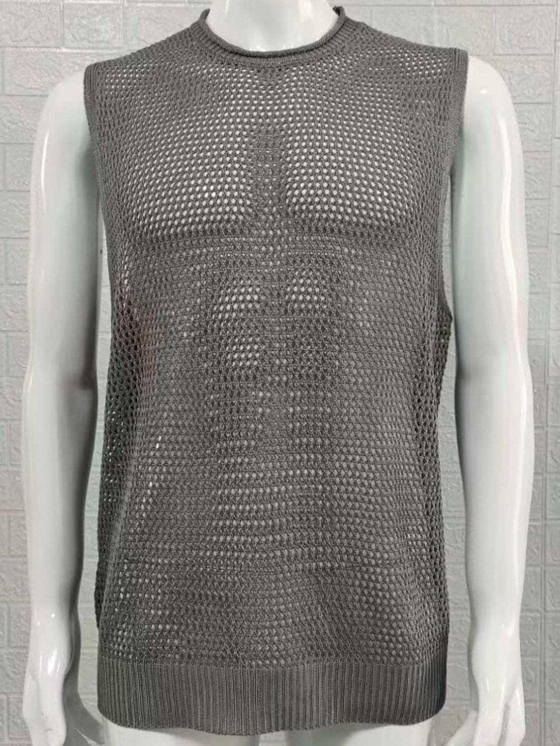 Men's Openwork Round Neck Sleeveless Knit Top - Trendsi - Flyclothing LLC