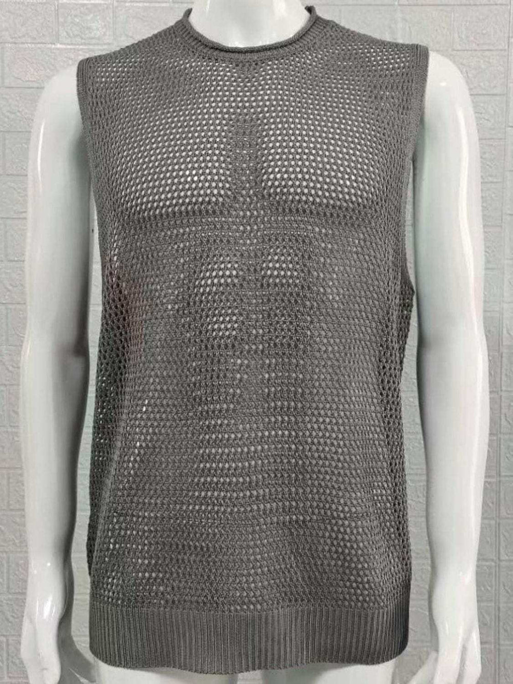 Men's Openwork Round Neck Sleeveless Knit Top - Trendsi - Flyclothing LLC
