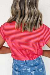 Stripe Ribbed Cap Sleeve Round Neck T Shirt - Trendsi - Flyclothing LLC