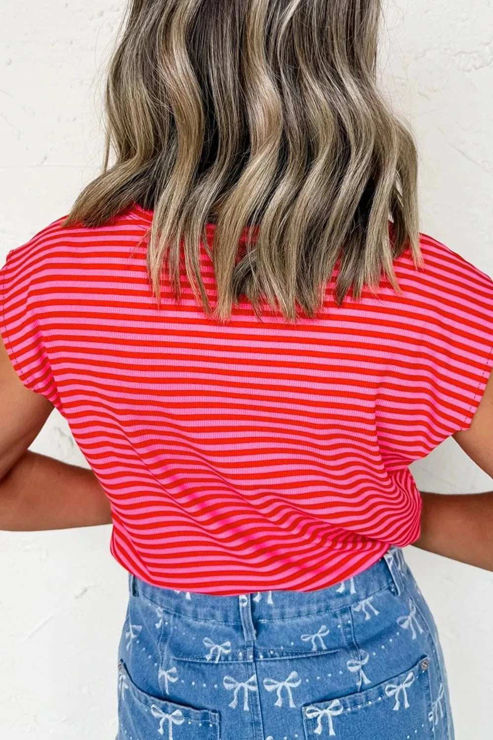 Stripe Ribbed Cap Sleeve Round Neck T Shirt - Trendsi - Flyclothing LLC