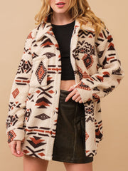 Geometric Button Up Long Sleeve Sherpa Jacket - Trendsi
