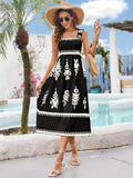 Printed Square Neck Wide Strap Midi Dress - Trendsi