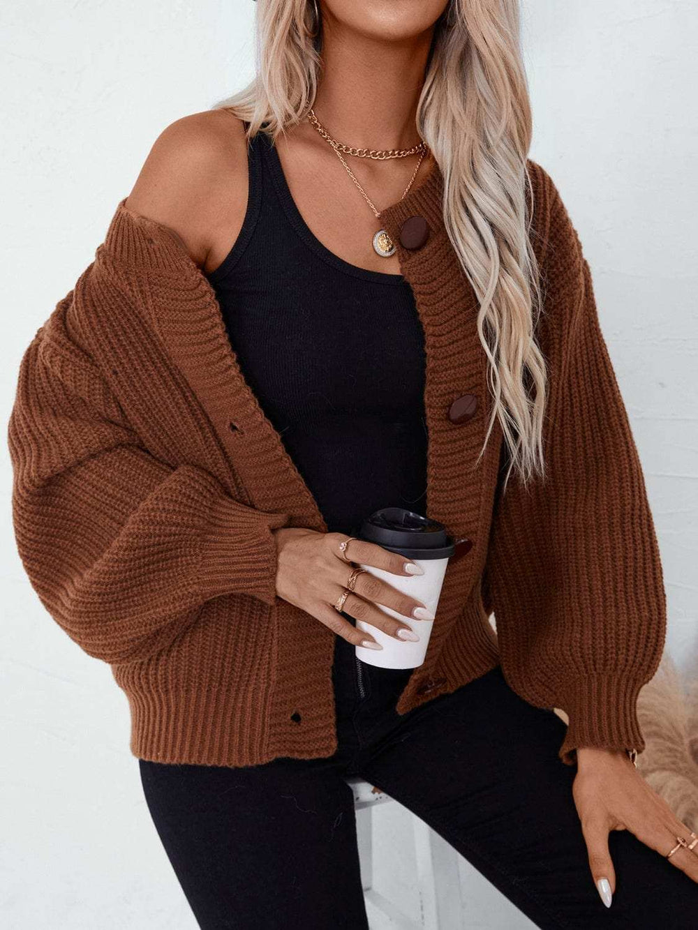 Button Down Long Sleeve Cardigan - Trendsi - Flyclothing LLC
