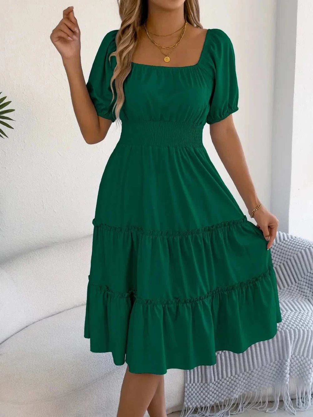 Square Neck Short Puff Sleeve Dress - Trendsi - Flyclothing LLC