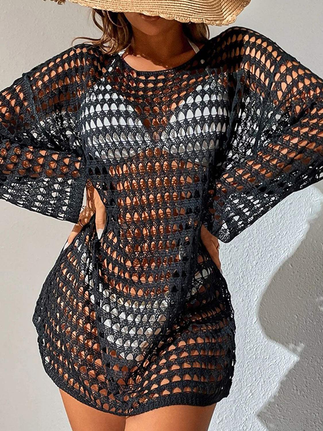 Openwork Boat Neck Long Sleeve Cover-Up - Trendsi - Flyclothing LLC