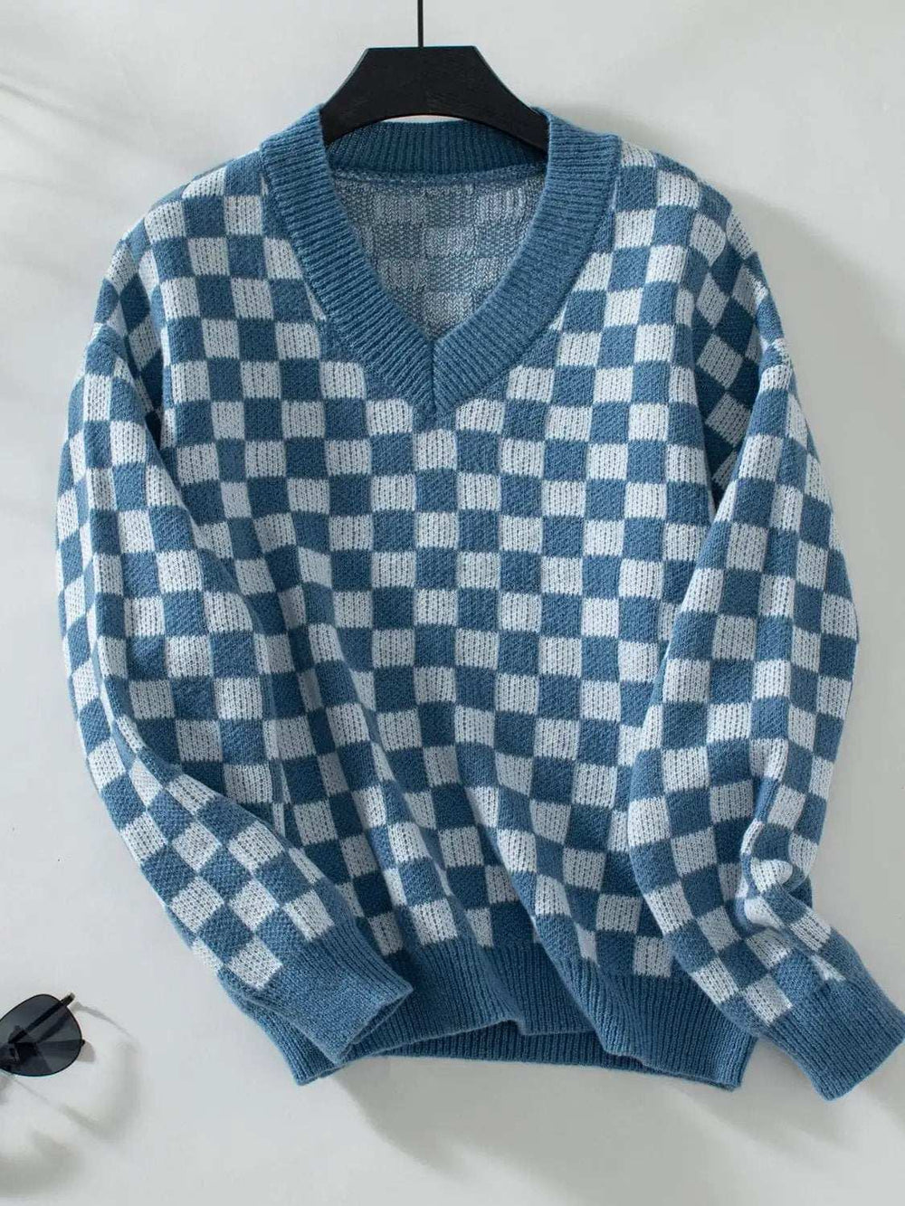 Checkered V-Neck Dropped Shoulder Sweater - Trendsi - Flyclothing LLC