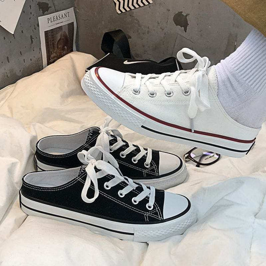 Round Toe Lace-Up Canvas Sneakers - Trendsi - Flyclothing LLC