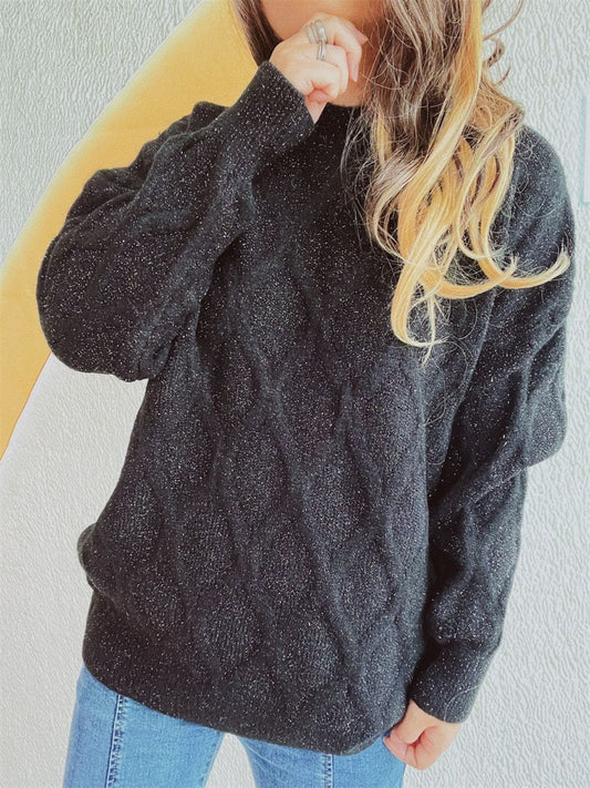 Diamond Round Neck Long Sleeve Sweater - Trendsi
