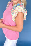 Striped Ruffle Flutter Sleeve Ribbed Blouse - Trendsi
