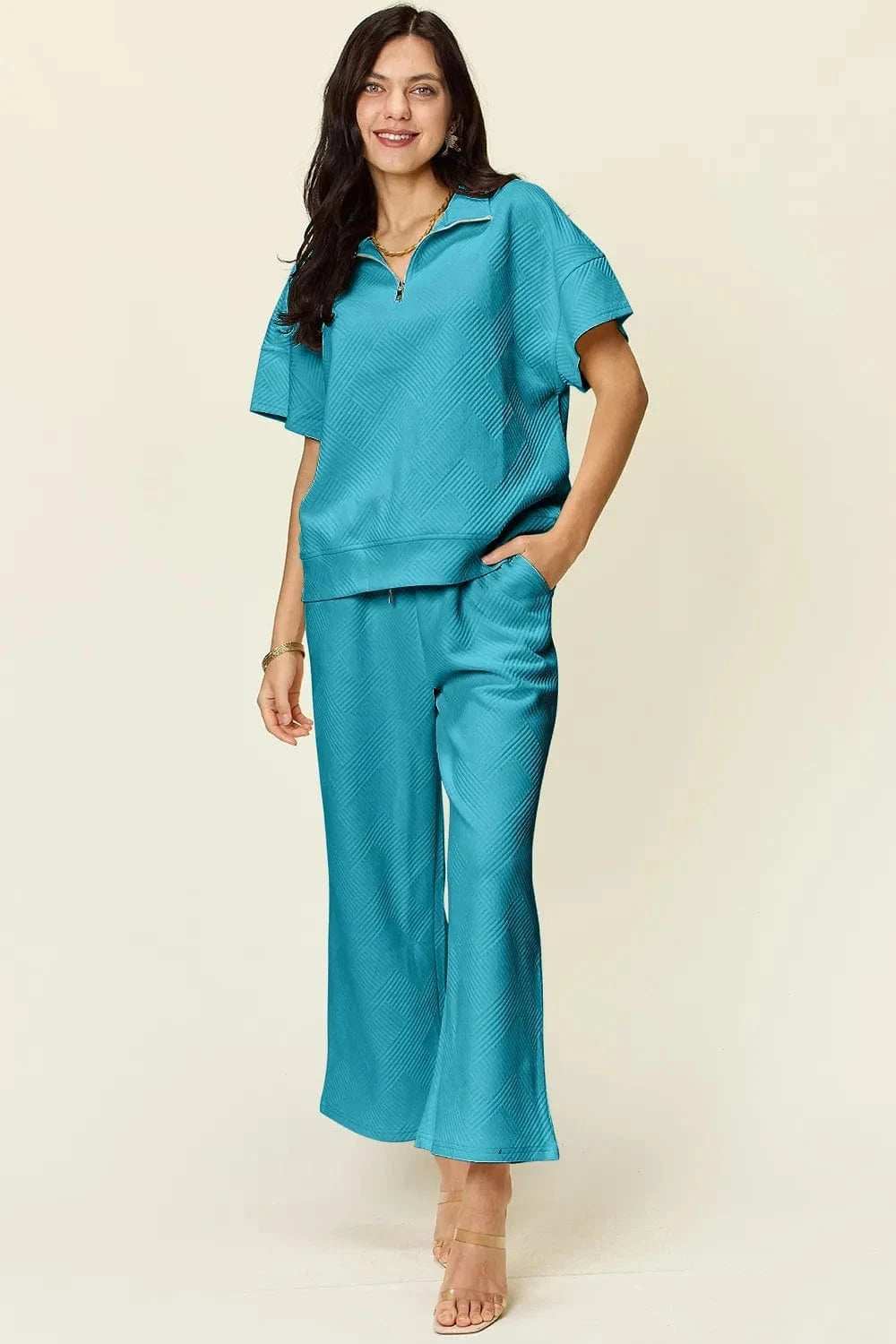 Double Take Full Size Texture Half Zip Short Sleeve Top and Pants Set - Trendsi - Flyclothing LLC