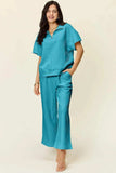 Double Take Full Size Texture Half Zip Short Sleeve Top and Pants Set - Trendsi - Flyclothing LLC