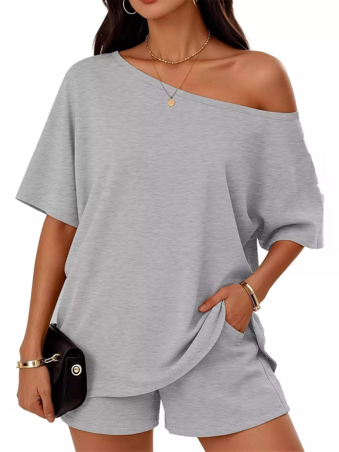 Full Size Boat Neck Tee and Shorts Set Plus Size - Trendsi - Flyclothing LLC