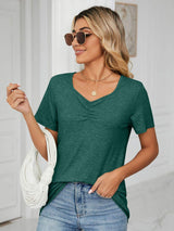 Ruched V-Neck Short Sleeve T-Shirt - Trendsi - Flyclothing LLC