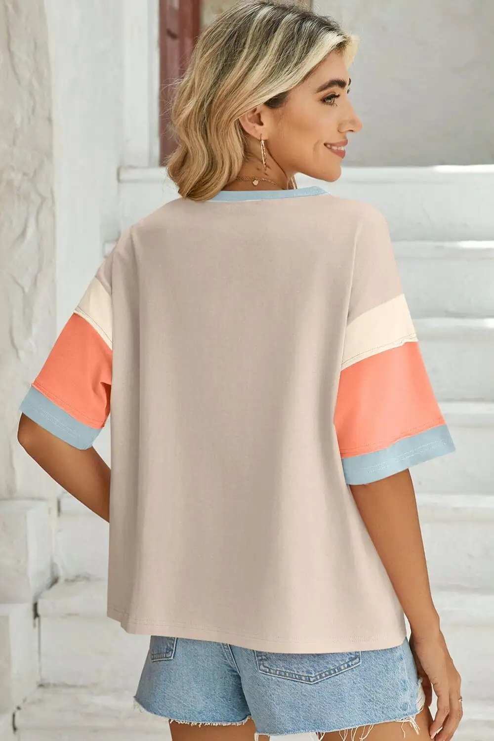 Lovelet Color Block Round Neck Half Sleeve T-Shirt - Trendsi - Flyclothing LLC