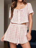 Plaid Short Sleeve Top and Shorts Set - Trendsi - Flyclothing LLC