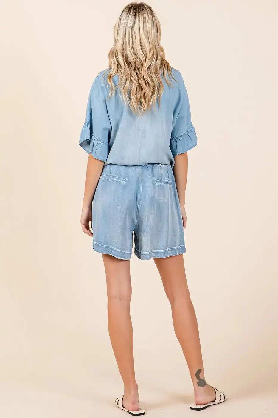 Mittoshop Washed Chambray Elastic Waist Easy Fit Shorts - Trendsi - Flyclothing LLC