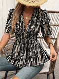 Printed V-Neck Half Sleeve Blouse - Trendsi