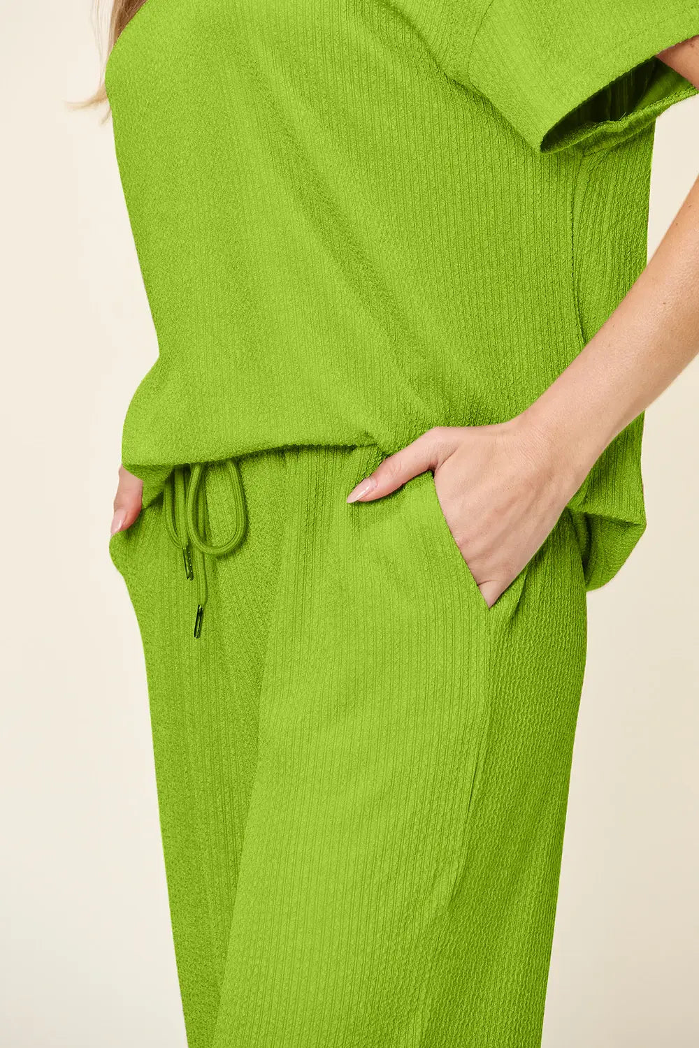 Double Take Full Size Texture Round Neck Short Sleeve T-Shirt and Wide Leg Pants - Trendsi - Flyclothing LLC