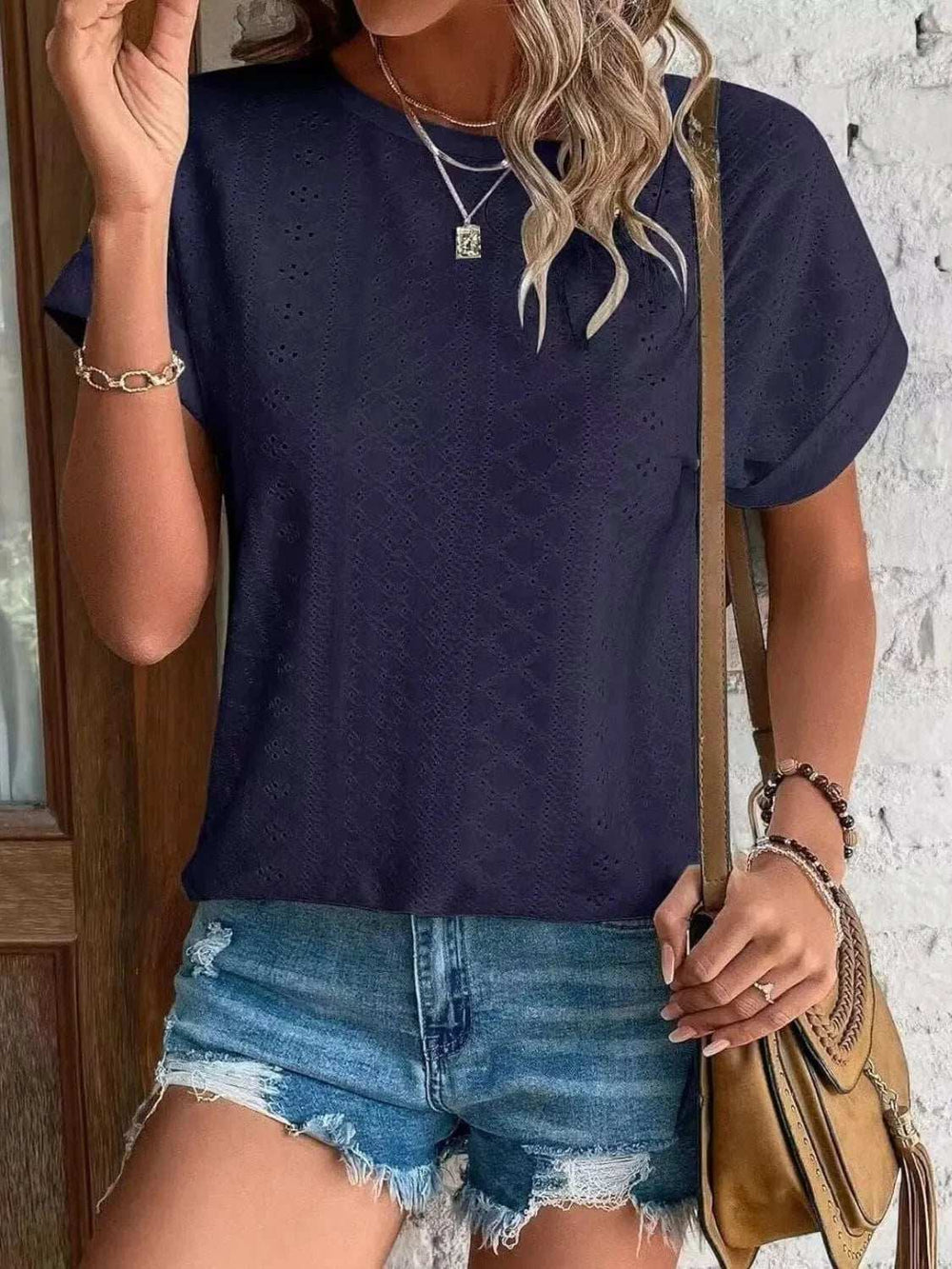 Eyelet Round Neck Short Sleeve Top - Trendsi - Flyclothing LLC
