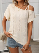 Eyelet Asymmetrical Shoulder Short Sleeve T-Shirt - Trendsi - Flyclothing LLC