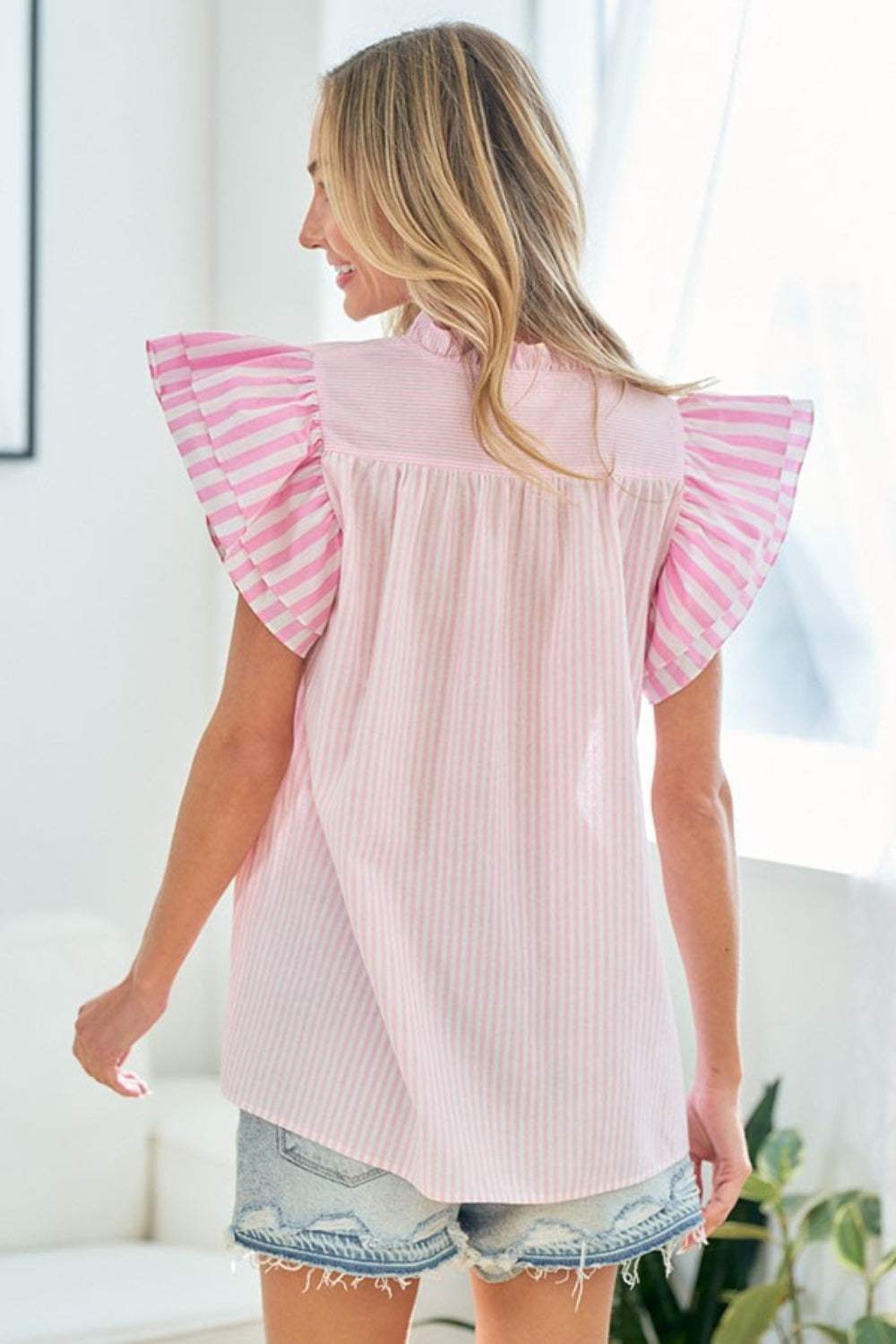 First Love Full Size Striped Flutter Sleeve Blouse - Trendsi - Flyclothing LLC