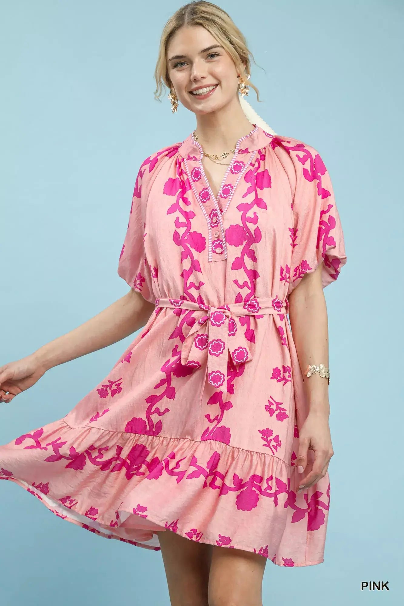 Umgee Floral Tie-Waist Boho Mini Dress - Trendsi - Flyclothing LLC