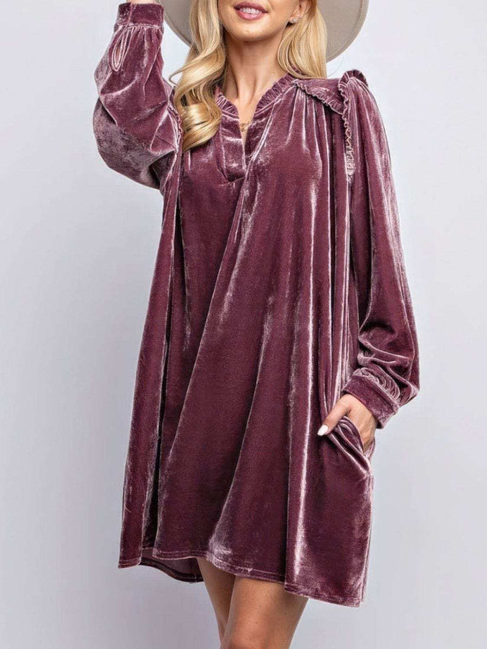 Frill Notched Long Sleeve Dress with Pockets - Trendsi - Flyclothing LLC