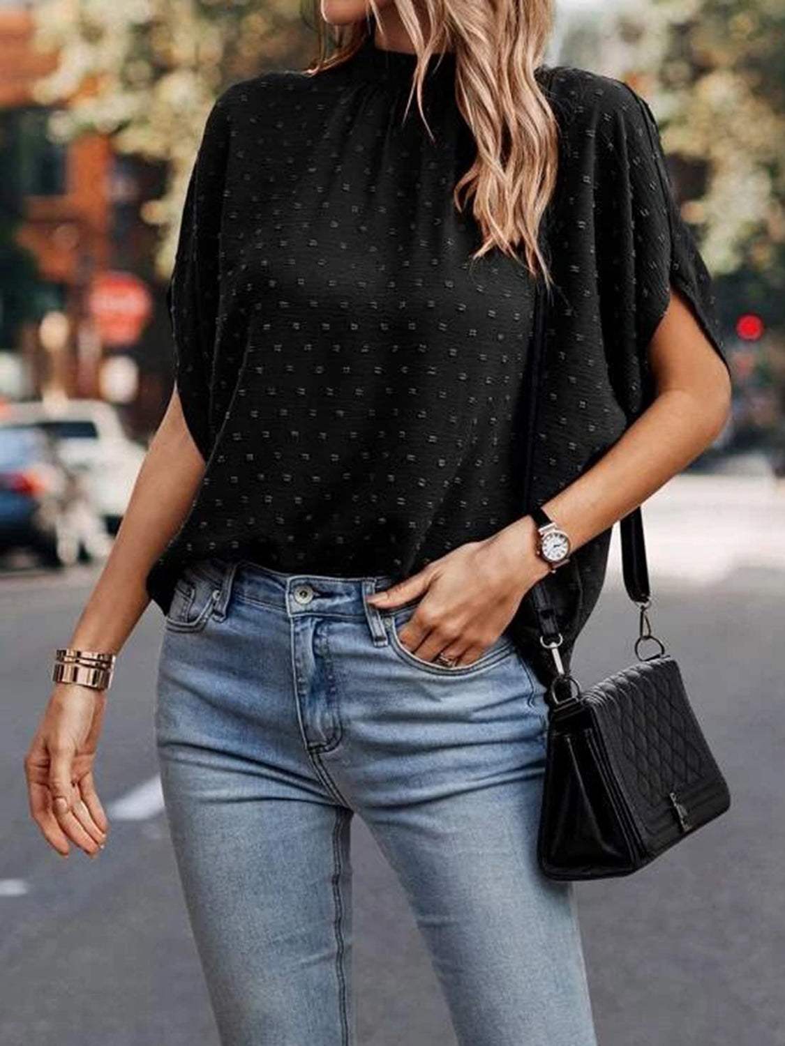 Swiss Dot Mock Neck Half Sleeve Blouse - Trendsi - Flyclothing LLC