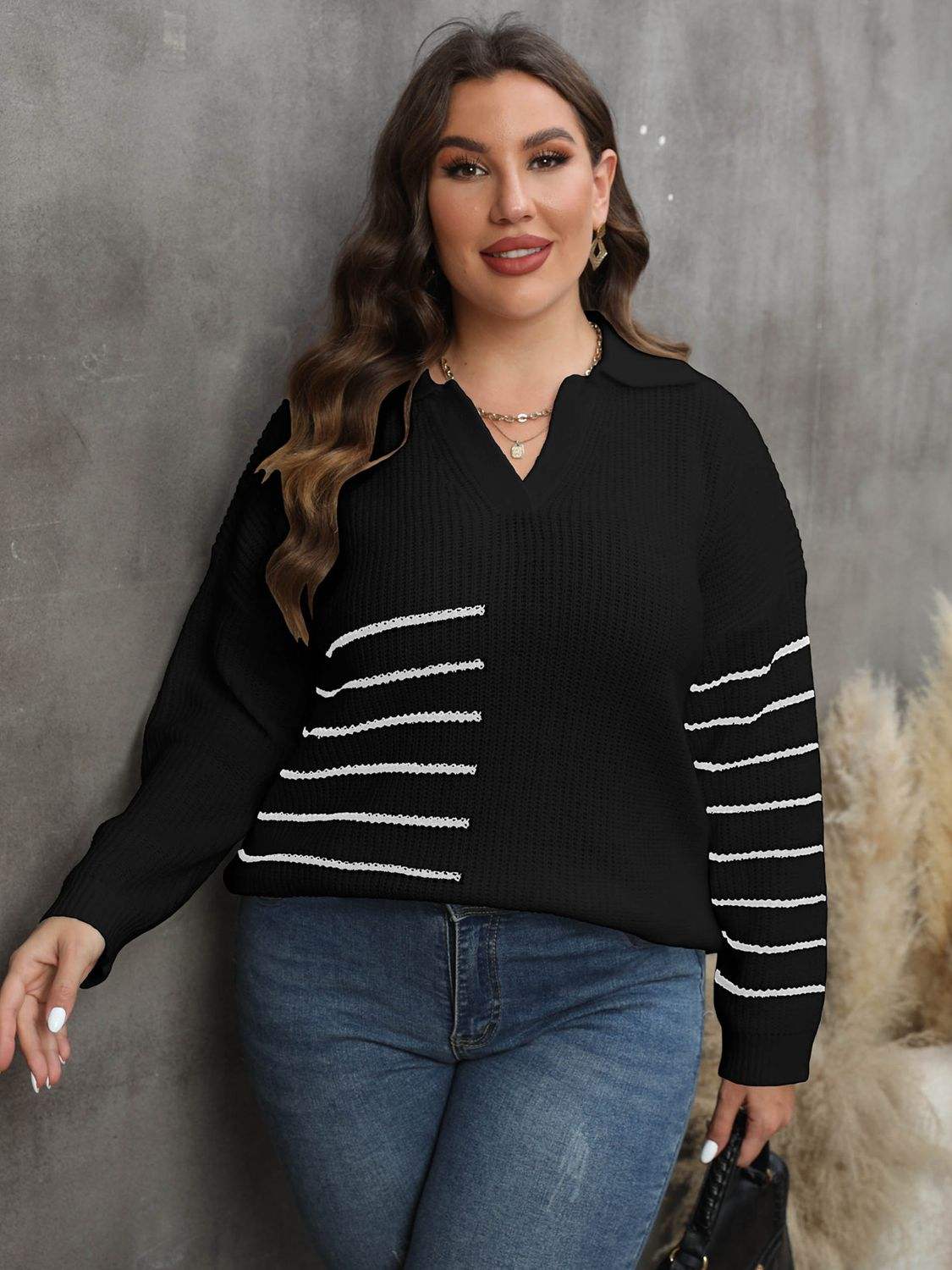 Plus Size Striped V-Neck Sweater - Trendsi - Flyclothing LLC
