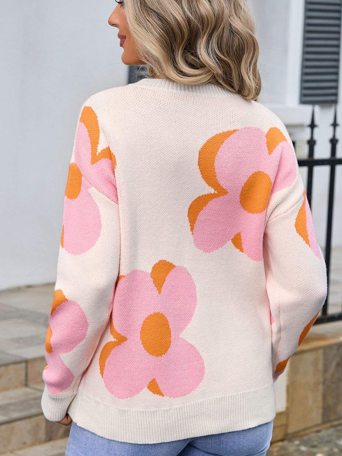 Angel Wings Flower Round Neck Long Sleeve Sweater - Trendsi - Flyclothing LLC