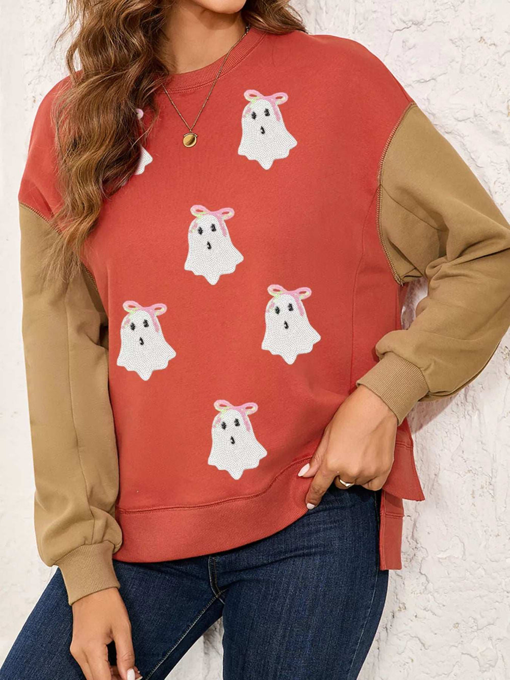 Halloween Glitter Ghost Patched Pattern Color Block Sweatshirt - Trendsi - Flyclothing LLC