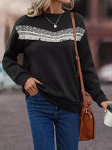 Fringe Trim Crew Neck Sweatshirt - Trendsi - Flyclothing LLC