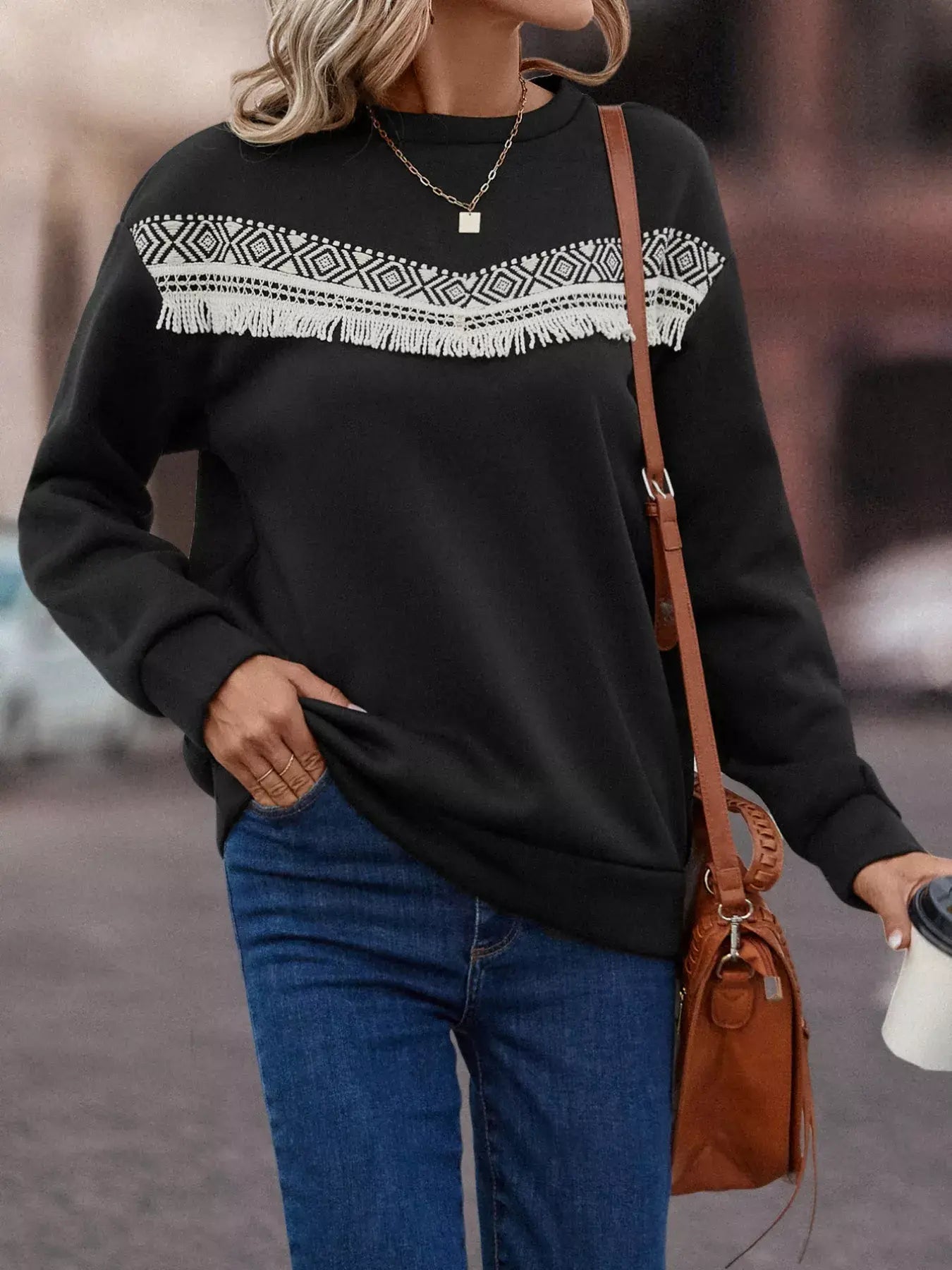 Fringe Trim Crew Neck Sweatshirt - Trendsi - Flyclothing LLC